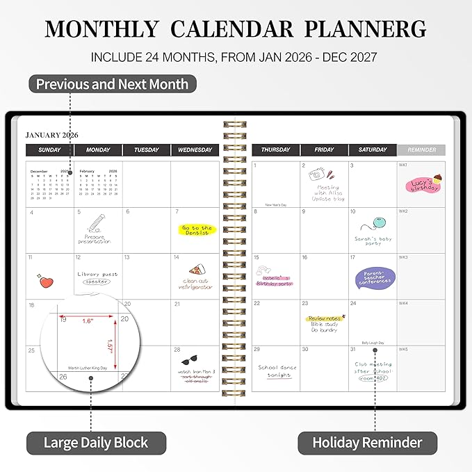 Monthly Planner 2026-2027, 2026 Calendar 24 Months Planner, 7.4"x9.4", JAN 2026 - DEC 2027, Personal Organizer with Monthly Goals, To-Do List, Habit Tracker, 24 Monthes for School Office Home Planning