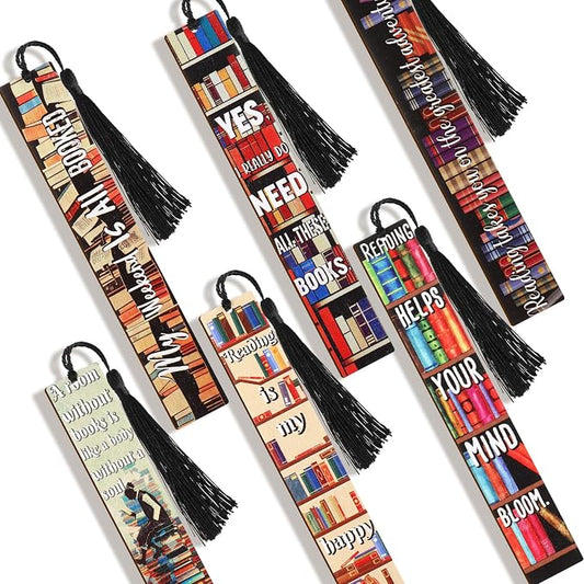 Colarr 12 Pcs Wood Bookmarks for Woman Book Club Gift for Book Worms Books Lovers Bookmarks Bulk with Tassels for Reading Party Favors Books Exchange Club Men & Women Friends(Bookshelf)