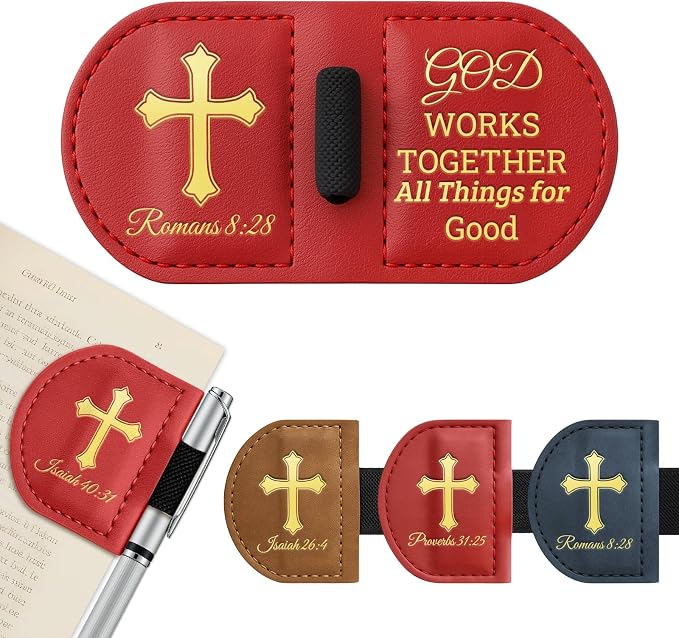 Personalized Magnetic Leather Bookmark with Pen Holder - Bygone Mark Custom Bible Verse Bookmarker,Book Marker for Men & Women,Book Lovers,Readers,Church(Red,Romans 8:28)