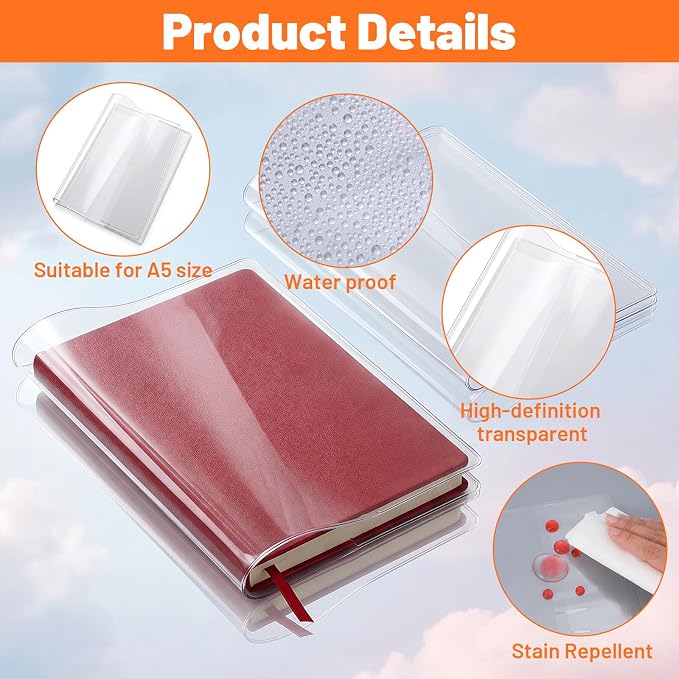 4 Pack A5 Clear Cover, Waterproof Notebook Cover 8.3 x 5.8 Inches Plastic Sleeves Transparent Slip on Book Covers for Journal Weeks Planners Office Notebook