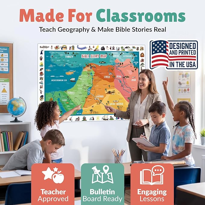 Bible Story Map Poster – Large Double-Sided (27" x 37") Sunday School Decorations for Classroom - Biblical Map of Israel and Holy Land for Bulletin Board – Includes Educational Games & Memory Activities on one side. 70 illustrated Bible Story Images an...