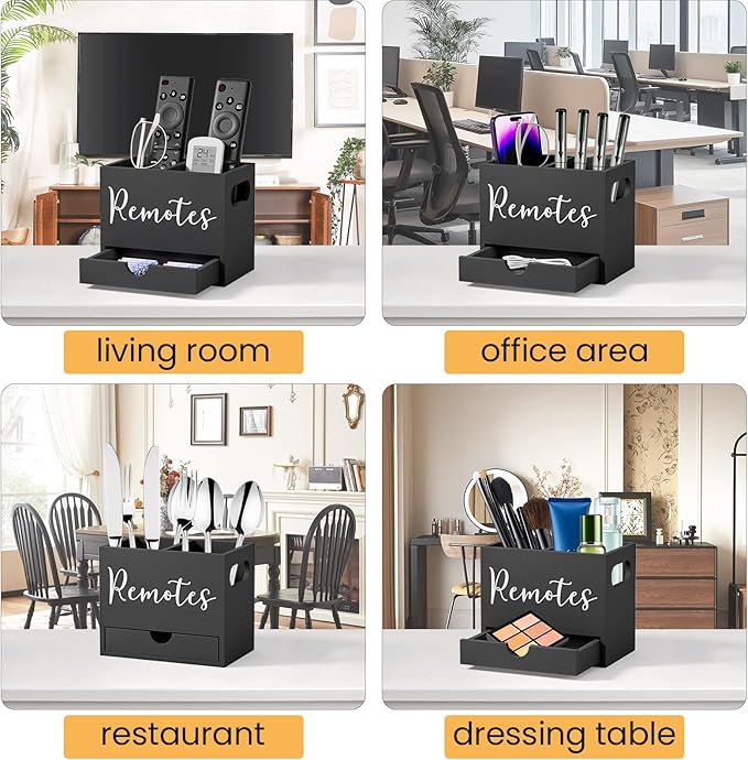 Remote Control Holder, TV Remote Holder with Drawer, Wood Remote Control Organizer for Table, Media Storage Box for Nightstand, Living Room (Black,2 Slots)