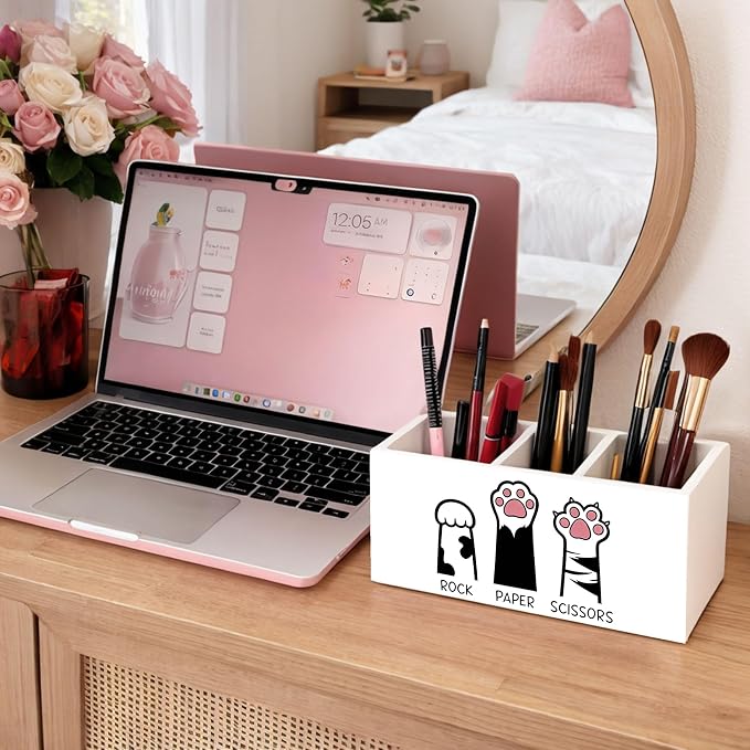 Cat Paw Desk Organizer, Wooden Pen Holder, Rock Paper Scissors Design, Cute Desk Storage for Pens, Markers, Scissors, Rulers – For Cat Lovers, Students, Teachers