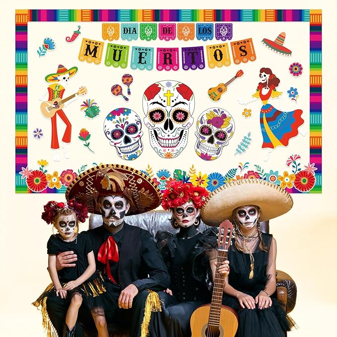 Dia De Los Muertos Bulletin Board Decorations Day of The Dead Altars Decor Colorful Sugar Skull Paper Cutouts Mexican Fiesta Party Supplies for Mexican Home School Halloween Holiday Wall Decor