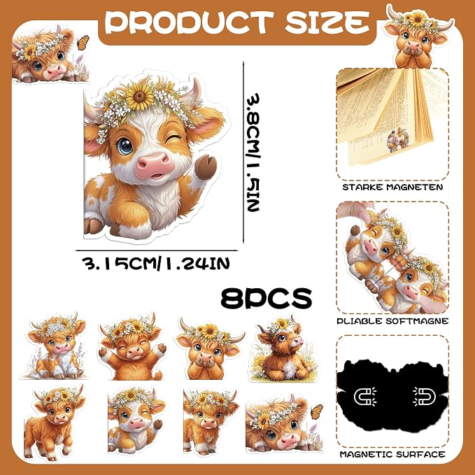 Highland Cow Bookmark Gifts - 8 Pcs Cute Animals Magnetic Bookmarks for Women Book Lovers Students Floral Page Clips Office Reading Accessories Bookworms Gift for Birthday Christmas