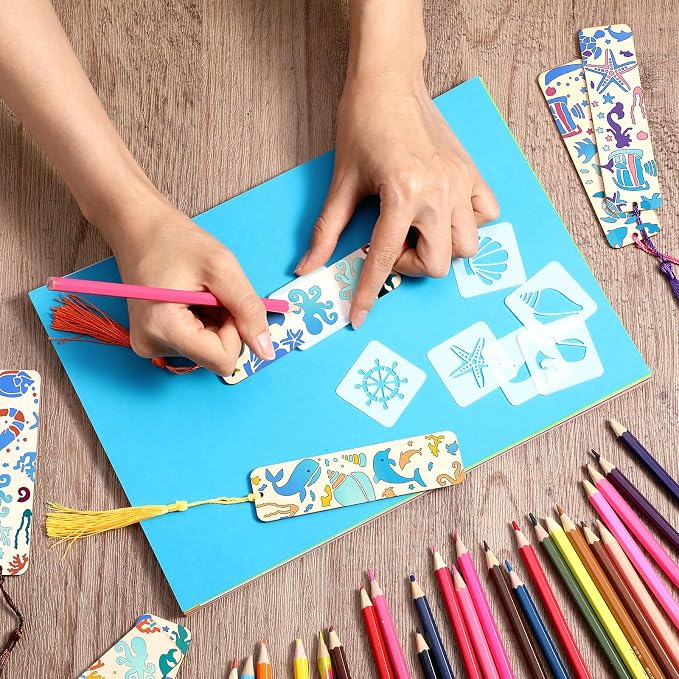 TaoBary 92 Pcs Wood Bookmark Making Kit Includes 36 Unfinished Blank Bookmarks 36 Tassels 20 Templates Craft for DIY Crafts, Painting, Valentine's Day, Mother's Day Gifts (Ocean, 4.8 x 1.3 Inch)