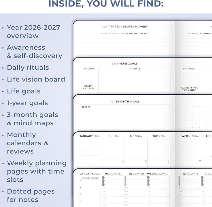 Clever Fox Dated Hourly Weekly Planner 2026 – Daily, Monthly & Yearly Agenda Organizer with Time Slots – Hardcover Journal, A5 Size (Dark Blue)