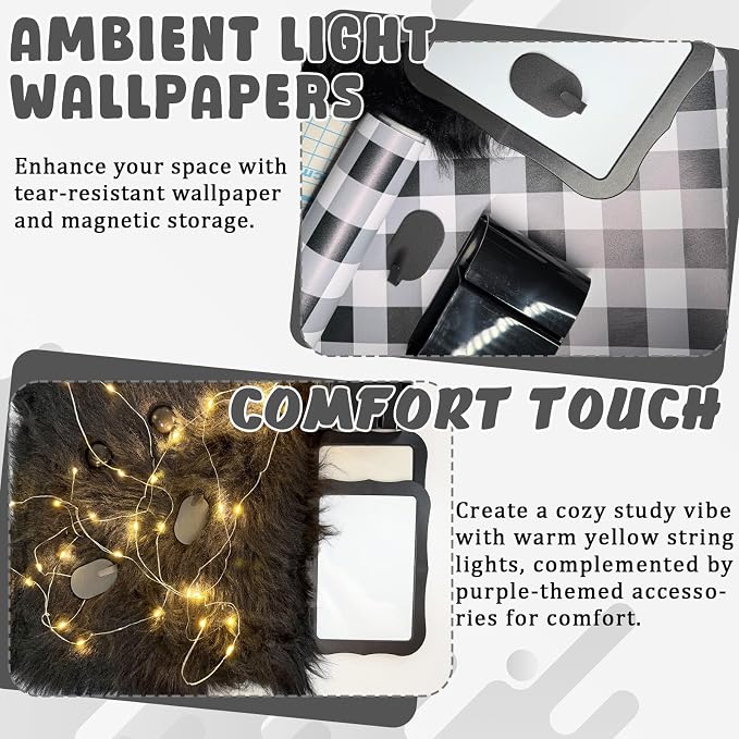 16 Pcs Locker Accessories Kit Black Locker Organizer Decorations Include Checkered Wallpaper String Light Magnetic Whiteboard Mirror Storage Cup Marker Rug Organizing Shelf for Back to School Supply