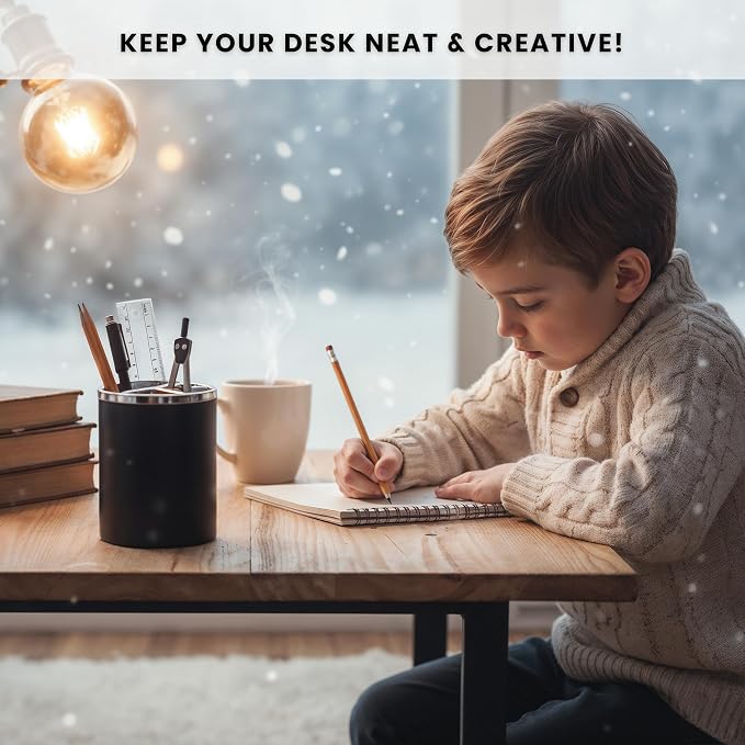 Black Pencil Holder for Desk | 3 Compartments Pencil Cups for Classroom, Home, Office Desks, Meeting Room | Pen Cup Holder for Desks & Decorative Pen Holders for Desk Cute Office Supplies