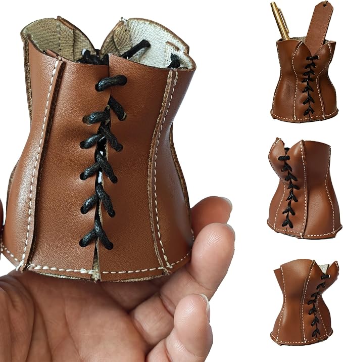 Faux Leather Lace-Up Corset Pencil Holder – Gothic Y2K Desk Pen Cup Makeup Brush Organizer Mini Storage for Home Office, Brown