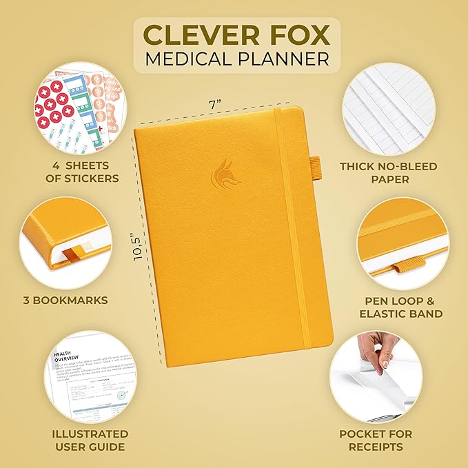 Clever Fox Large Medical Planner 12-Month – Medical Notebook, Health Diary, Wellness Journal to Track Health – 12 Months, 7x10.5″ (Amber Yellow)