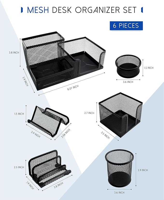 Desk Organizer Set, 6 Piece Mesh Office Accessories, Pen Holder, Phone Stand, Clip Holder, Desktop Storage Set, Black