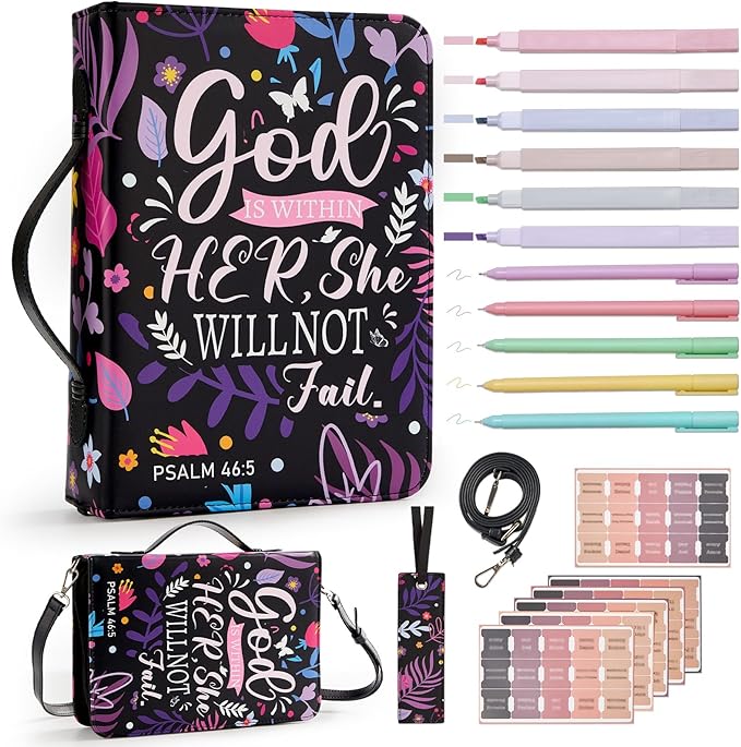 19PCS Floral Purple Leather Bible Cover for Women Bible Cover Cases for Teen Girls Christmas Gift Christian Bag Our God is Within Her Journaling Kit with Shoulder Strap Highlighter Pens & Book Marker