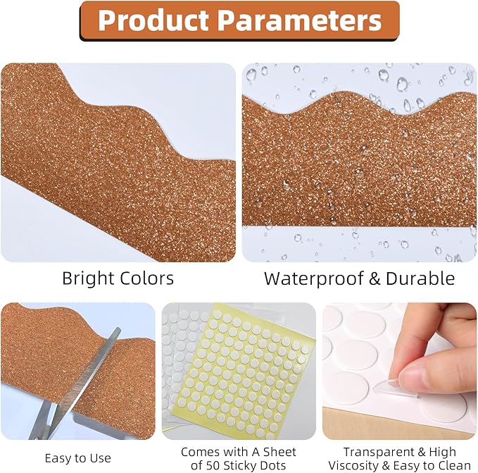 3 Rolls 98.4 Ft Glitter Bulletin Board Borders Set - Khaki Bulletin Board Decorations for Classroom, Office，School Supplies & Home DIY - Perfect for Teachers, Posters & Birthday Party Decor
