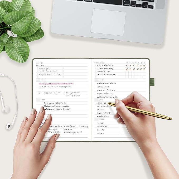 And Per Se Undated Weekly Planner 2026, A5 size Leather Hardcover Planner with Goals & Habit Tracker – ADHD Planner & Productivity Journal (Olive Green)