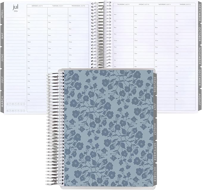 7x9 Coiled Life Planner (January 2026 - December 2026) - Bouquet Wallpaper (blue) classic cover, hourly layout, Minimal theme, platinum coil