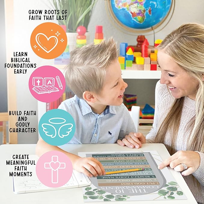 Hadley Designs Sunday School Decorations for Classroom –9 Bible Posters for Kids, Books of the Bible, 10 Commandments, Bible Timeline Chart, Fruits of the Spirit, Greenery Christian Classroom Decor