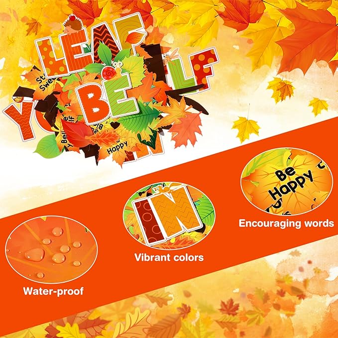 Funrous Fall Bulletin Board Decorations Classroom Fall Tree Maple Leaves Pumpkin Bulletin Board Set Be Leaf in Yourself Inspirational Quote Cutout Autumn Thanksgiving School Wall Decor(Maple Leaf)