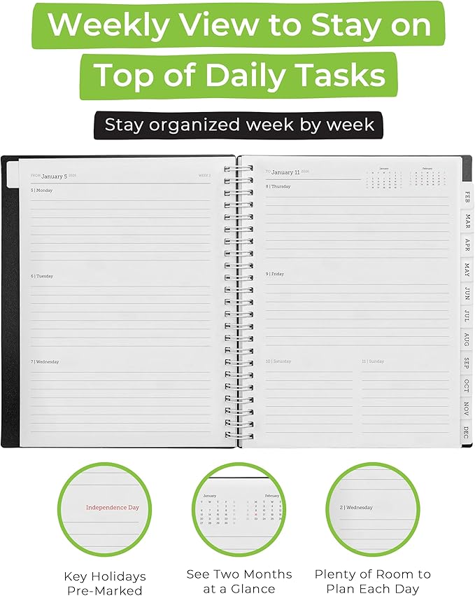 WallDeca 2026 Planner, Agenda Planner With Weekly And Monthly View, Daily Agenda Book And Yearly Planners Calendar Book, Spiral Bound With Tabs, Notes, Goals And Holidays (8 x 6 in)
