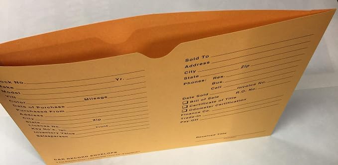 A Plus Car Record Envelope #19 Vehicle Dealer Jackets, 100 Quantity, Gold (W17)