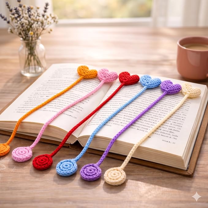 6 Pack Heart Shaped Crochet Bookmarks,Handmade Knitted Heart Shaped Book Marker for Women Personalized Book Marks for Reading Men, Book Lover Teacher Kids Birthday Gift,Cute Unique Bookmarks