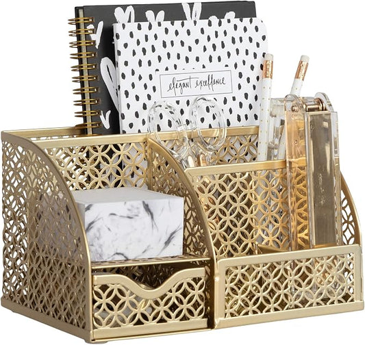BLU MONACO Gold Desk Organizer – Designer Metal with Gold Finish, Storage for Paper & Office Supplies, Decorative Storage for Home or Office