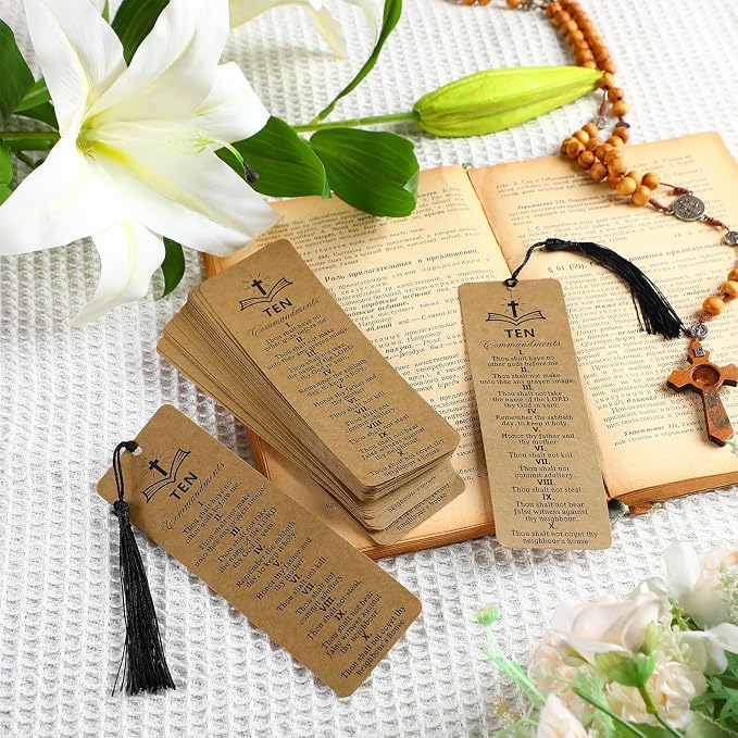 Skyygemm 120 Pcs Ten Commandments Bookmark with Tassel Bible Verse Religious Markers Bulk Christian Retro Kraft Paper Ten Commandments Bookmark Inspirational Church Supplies for Women Men Office