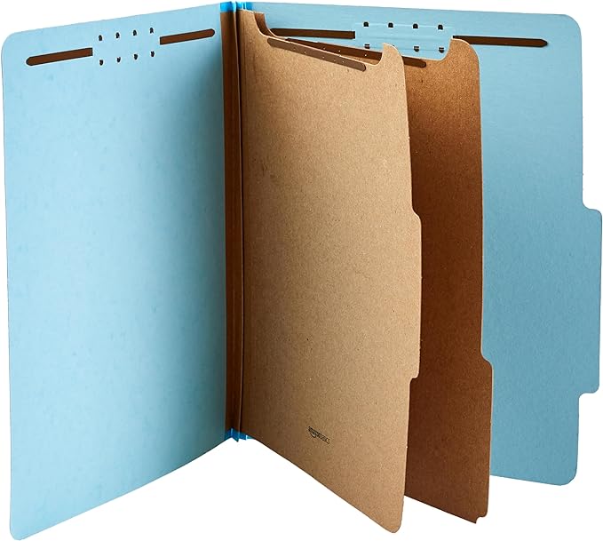 Amazon Basics Classification Folder with Prongs, 100% Recycled, 2 Dividers, 2" Embedded Fasteners, Letter Size, for Documents Organization, Light Blue, 10 Count