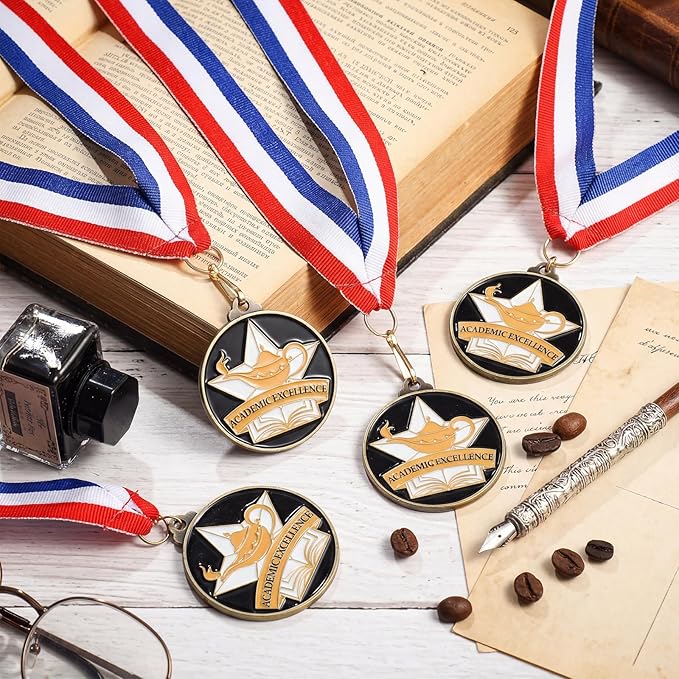 Cunno 20 Pcs Academic Excellence Medals Bulk 2'' Academic Award Medals with Neck Ribbon Trophy Prizes Winner Gift for School Classroom Students Teaching Competitions Supplies