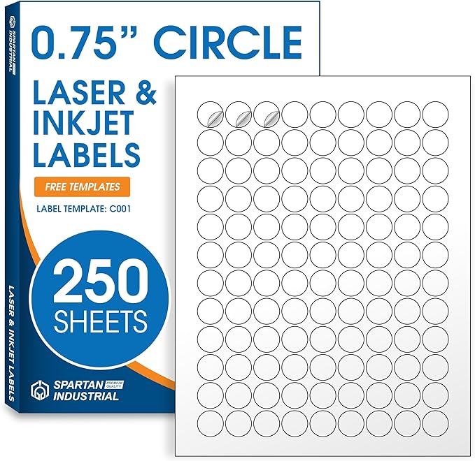 0.75" Printable Round Labels for Inkjet and Laser Printers - 27000 Blank Stickers, 250 Sheets for Price Tags, Thank You Stickers, QR Codes, Business Logos - Spartan Industrial Template C001