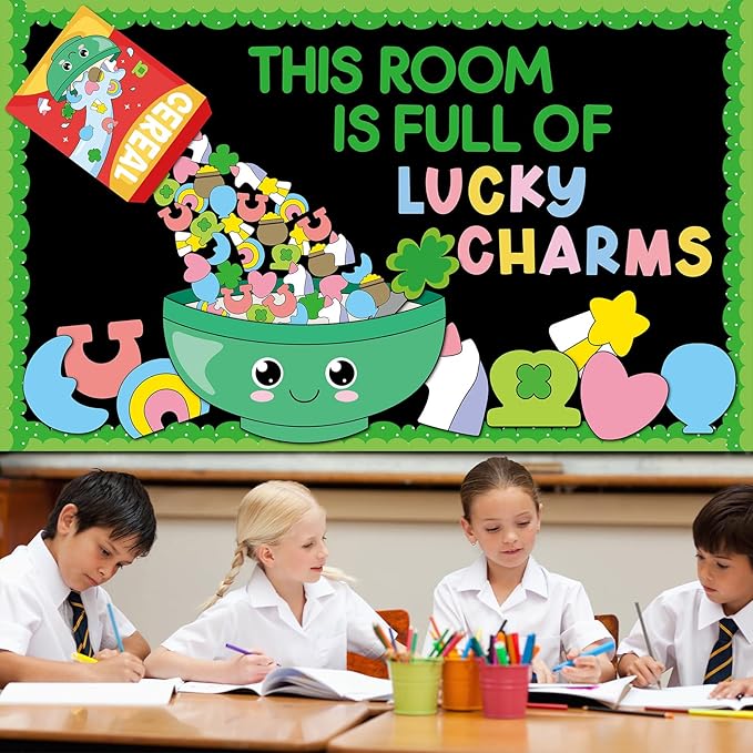St. Patrick's Day Bulletin Board Decorations Set This Room is Full of Lucky Cereal Classroom Cutouts Saint Patrick Irish Clover Unicorn Paper Cutout for Chalkboard Door St. Patrick's Party Wall Decor