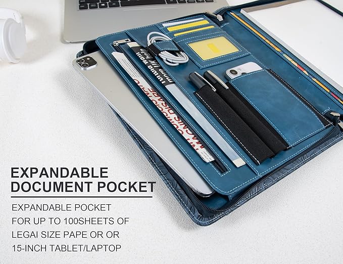 Free Engraved Name, Personalized Portfolio, PU Leather Resume Zippered Padfolio, Business Document Organizer Folder with A4 Notepad Holder, Custom Printing Gift for Woman/Men, Customized(Dark Blue)