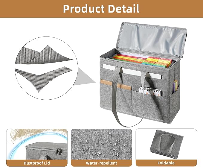Qozary 2 Pack File Folder Organizer Box-Hanging File Tote Bag With Lids, Collapsible Portable Filing Organizer Box With Handle, Document Storage Bag For Office,Home,Travel, School