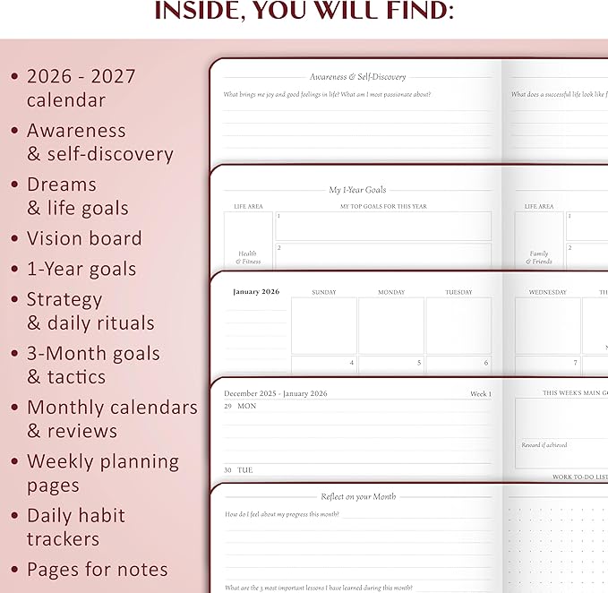 Legend Planner Jan 2026 – Jan 2027 Dated Weekly & Monthly Planner to Hit Your Goals, Increase Productivity & Live Happier. Organizer Notebook & Productivity Journal. A5 Hardcover (Wine Red)