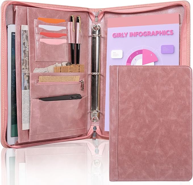 Calfinder3 Ring Portfolio Binder with Zipper, Leather Padfolio for Women, Professional Portfolio Organizer with Laptop/Tablet Holder, Business Padfolio for Resume/Notebook,Gift for Valentine's Day