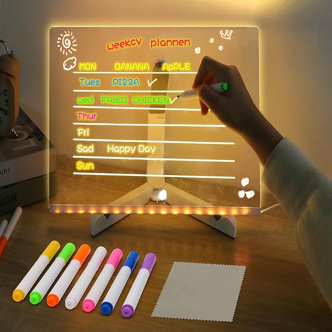 LED Note Board with Colors, Acrylic Dry Erase Board with Light, Magical Light Board, Light Up White Board with 7 Color Pen and Adjustable Stand, for Office School Home, Gift for Kids(8"x8")