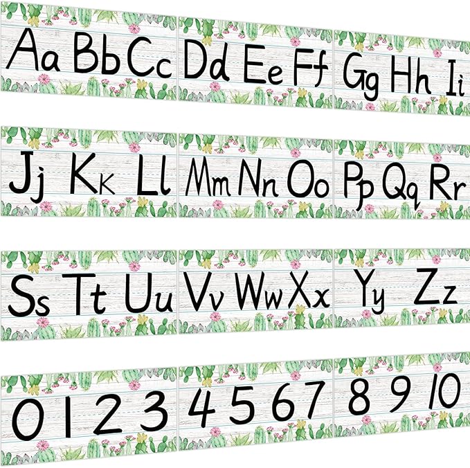 gisgfim 12 Pieces Alphabet Bulletin Board Strips Set Cactus Alphabet Line ABC Banner & Number Border Cacti Plants Posters for Classroom Preschool Kindergarten (Cactus)