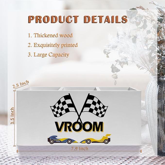 Trendy Race Car Checkerboard Pen Pencil Holder, Gifts for Boys Car Lovers, Vroom Race Cars Pencil Pen Holder Organizer for Toddler Boys Room Bedroom Desk Accessories