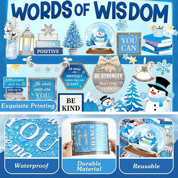 Mooliwe 57 Pcs Winter Bulletin Board Set Inspirational Snowflake Bulletin Board Decoration Positive Cutout Classroom Decoration for School Office Home Teacher Classroom Wall Supplies