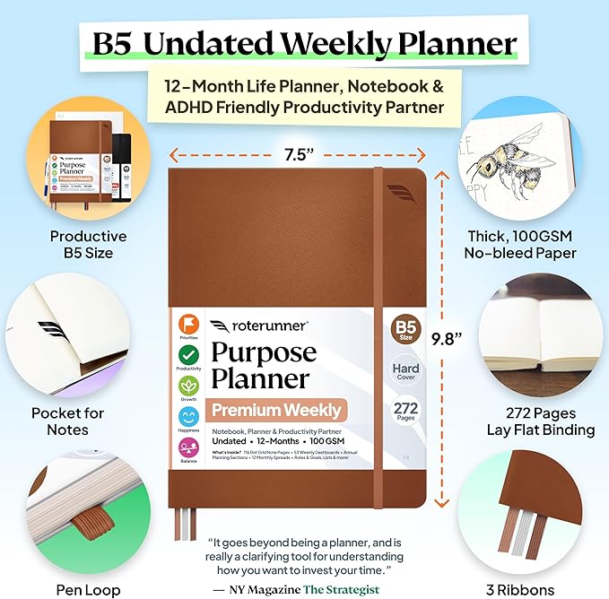 Roterunner Purpose Planner Notebook B5 7.5”x9.8” 12 Month Undated 2026 Daily Weekly and Monthly Productivity Goal Setting Tool for Work Home ADHD Planner for Adults Self Care Journal (Tan)