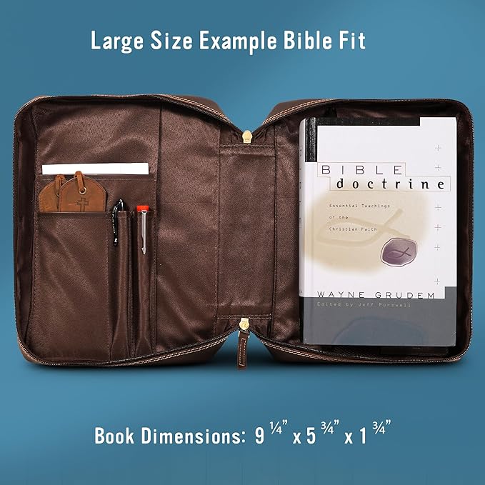 Hunter & Scribe Leather Bible Covers for Men and Women - Top Grain Buffalo Leather - Genuine Leather Bible Cover with Pockets, Zipper, and Bookmark - Bible case - Book Cover - Large Dark Brown