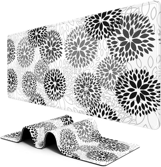 BOSOBO Large Mouse Pad, Desk Pad, XXL XL Extended Gaming Mouse Pad, Desk Mat for Office & Home, Long Keyboard Huge Mat, Desktop Full Cover 31.5 x 11.8 Inches, Minimalist White Black Flower