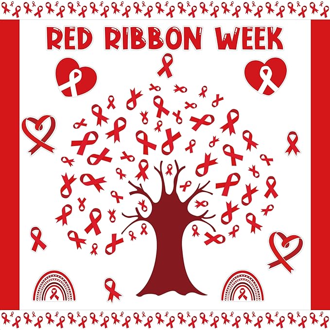 126Pcs Red Ribbon Drugs Awareness Bulletin Board Classroom Decoration Set, Red Ribbon Week Cutouts Say No to Drugs Poster School Classroom Charity Event Party Supplies Chalkboard Wall Decor