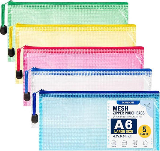 Mesh Zipper Pouch Bags - 5Pack A6 Waterproof Small Zipper Bags 4.7x9.3 Inch Clear Mesh Storage Pouches Assorted Colors for Home, Office, School, Travel, Receipts, Puzzles, Pencil, Cosmetic
