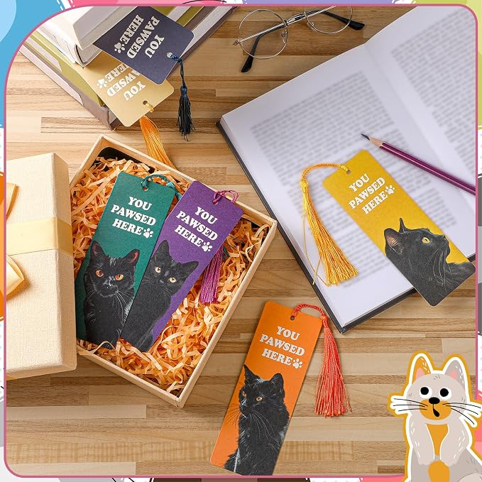 100 Pcs Black Cat Bookmarks with Tassels, Paper Bookmarks Bulk for Cat Mom Lovers Booklovers Back School First Day of School Gift Valentine's Day Classroom Reward for Women Teen Girl