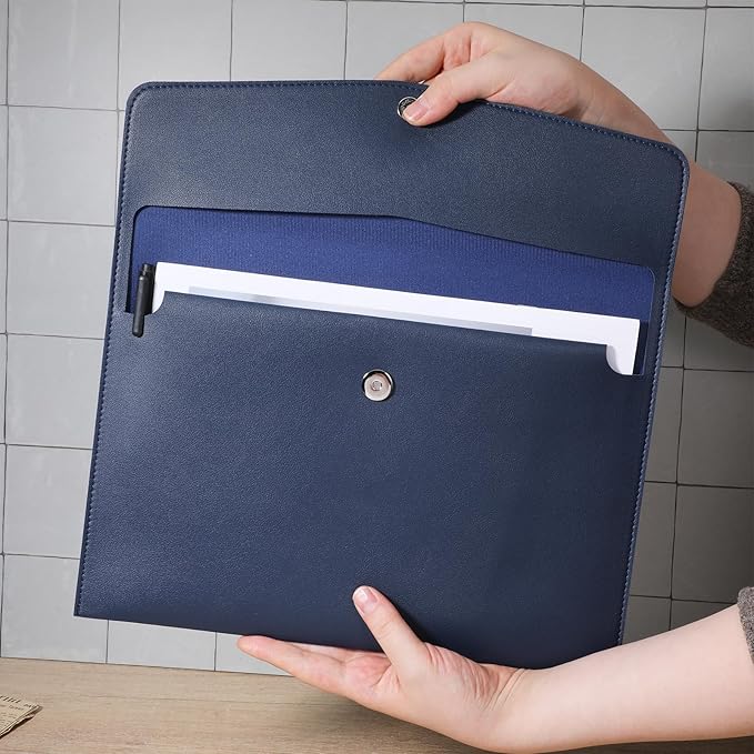 Leather Document Folder, A4 File Document Holder Waterproof Portfolio Envelope PU Leather Folder Case with Snap Button Closure for Letter Size, Travel, Resume, Blue