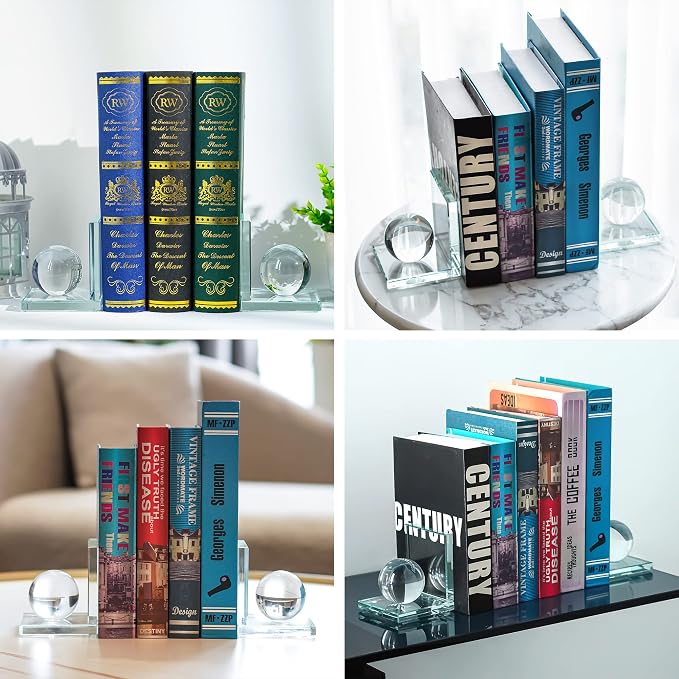 1 Pair Crystal Bookends with Crystal Ball Decorative Ornaments,L Shape Non-Skid Sturdy Book Ends for Heavy Books,Book Holder Stopper for Shelf Office Home (4inch,Clear)