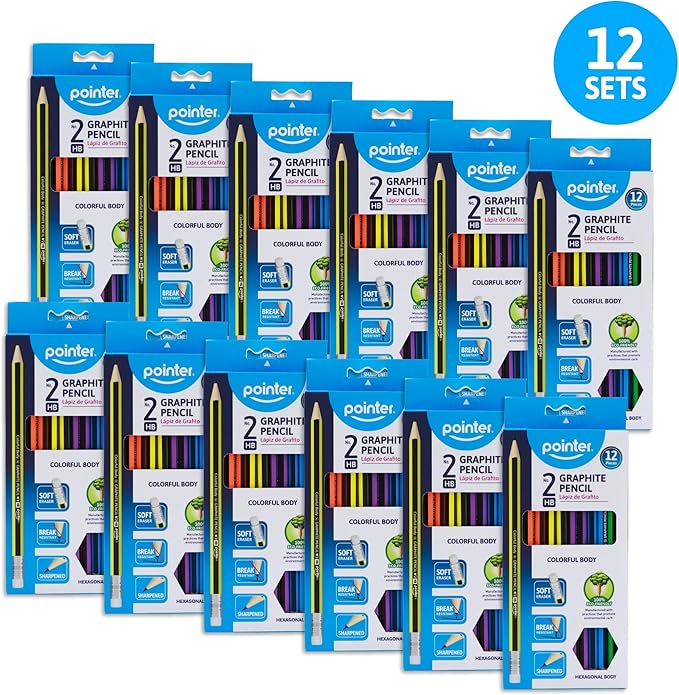 Pointer Wooden Pencils Pre-Sharpened HB Graphite Colorful Assorted Bodies, Hexagonal Grip for Comfortable Use with Soft Erasers Strong Break-Resistant Core Smooth Writing for Classrooms Work - 12Pack