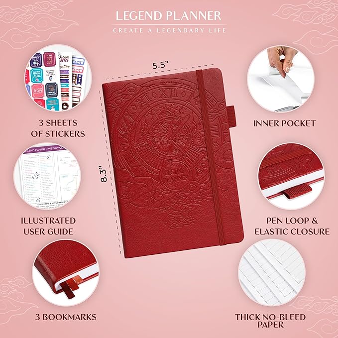 Legend Planner – Undated Weekly & Monthly Life Planner to Hit Your Goals & Live Happier, Organizer Notebook & Productivity Journal, A5 (Red)