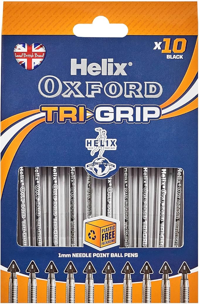 Helix Oxford Tri-Grip Ballpoint Pens (x10 Pack Black Ink) with Plastic Free Packaging